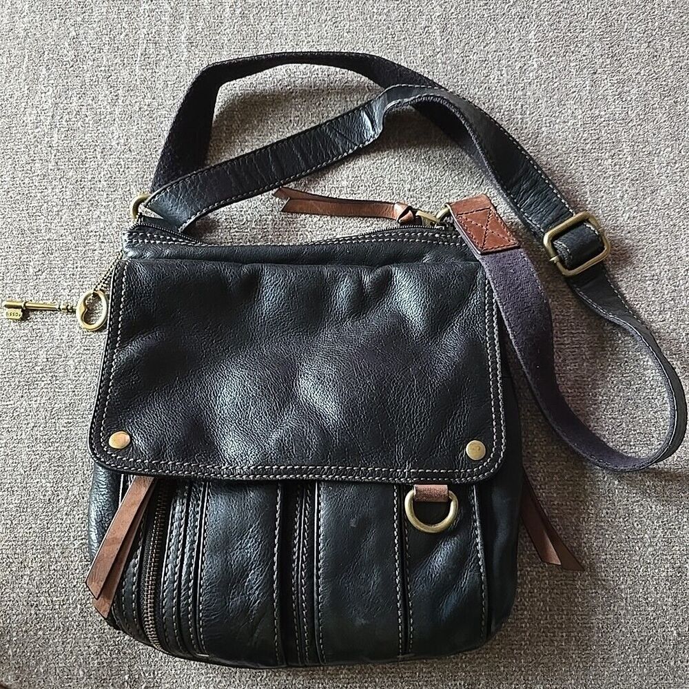 Fossil Morgan Handbag Traveler Pebble Black Topzip Leather Crossbody Messenger